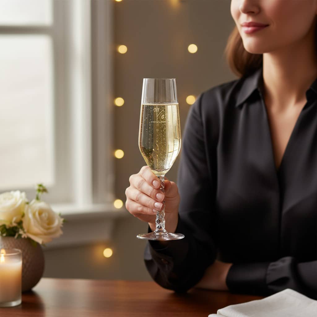 Exklusivt Carat champagneglas med initialer och text i versaler