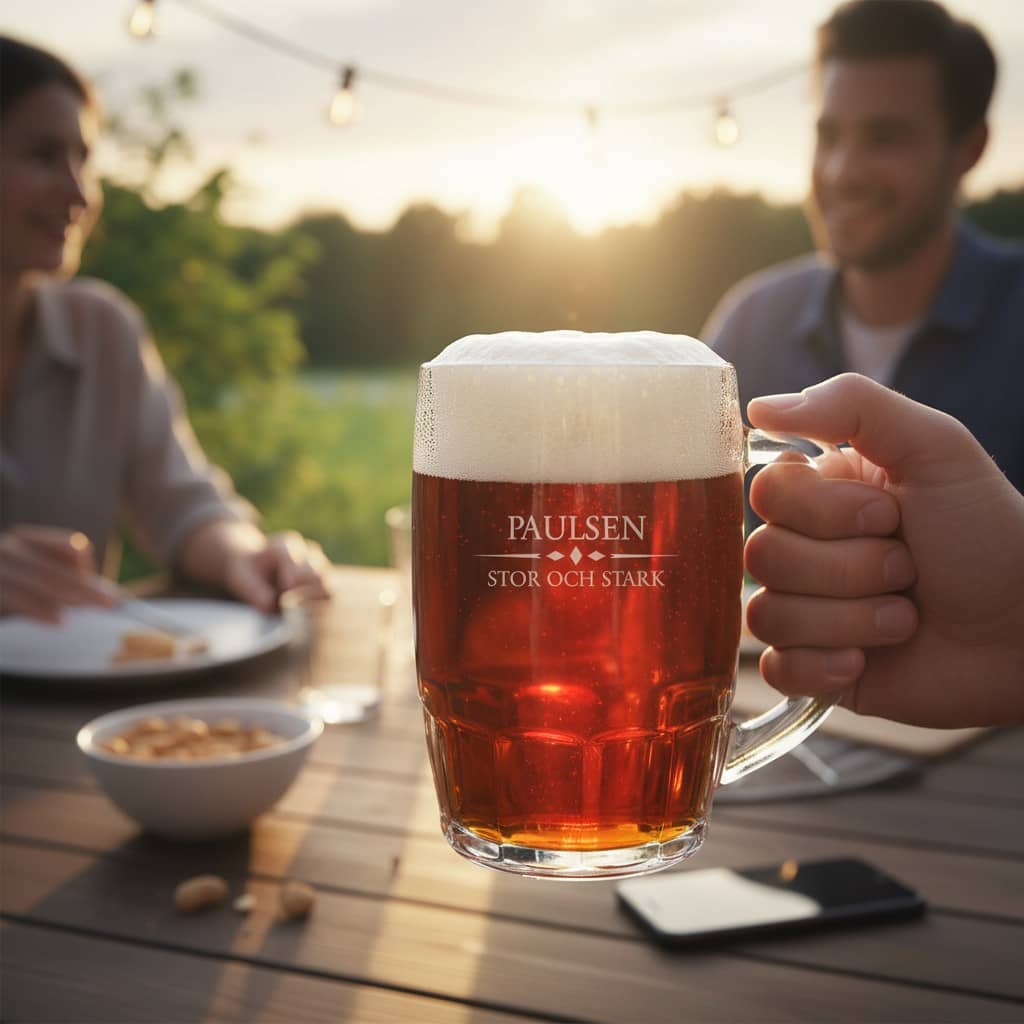 Sejdel med personlig gravyr fylld med öl på sommarbord utomhus