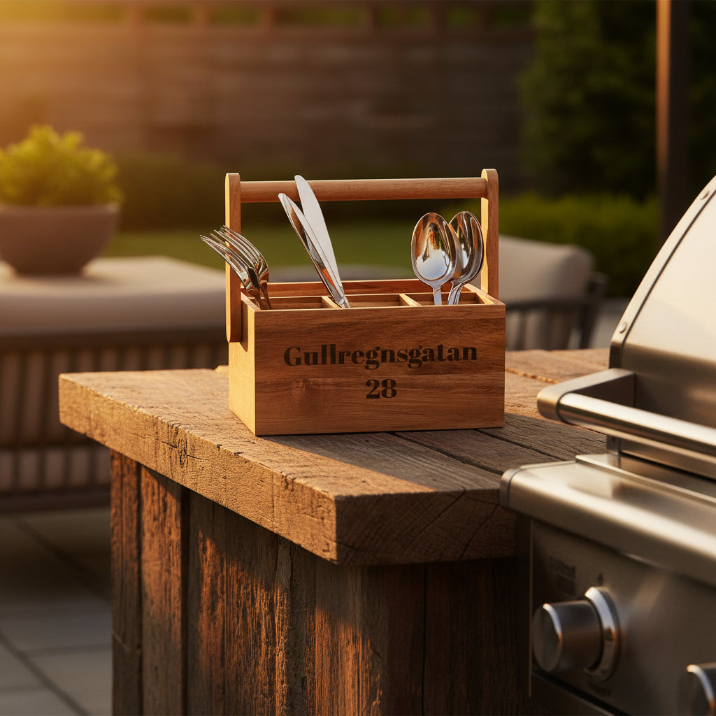 Bestickkorg på bänk vid utekök med gravyr