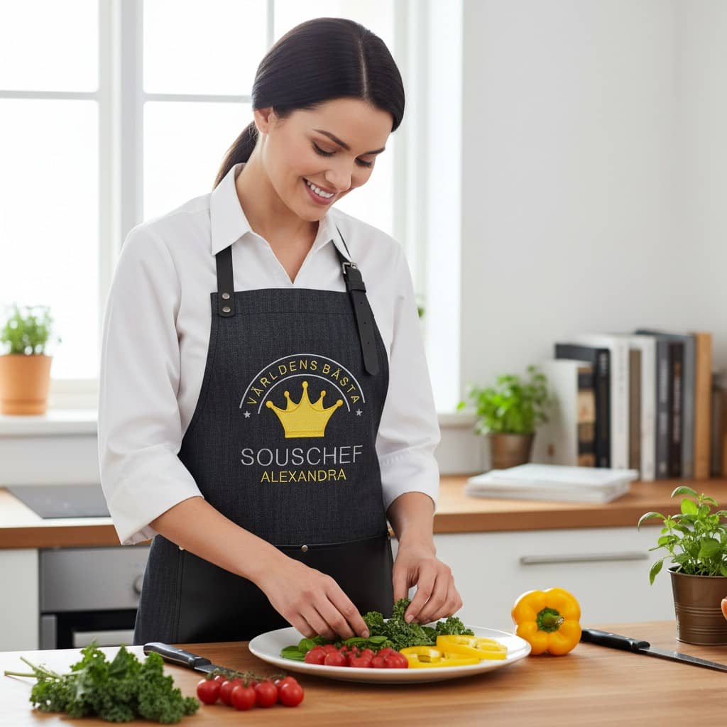 Miljöbild förkläde kronan med personlig text