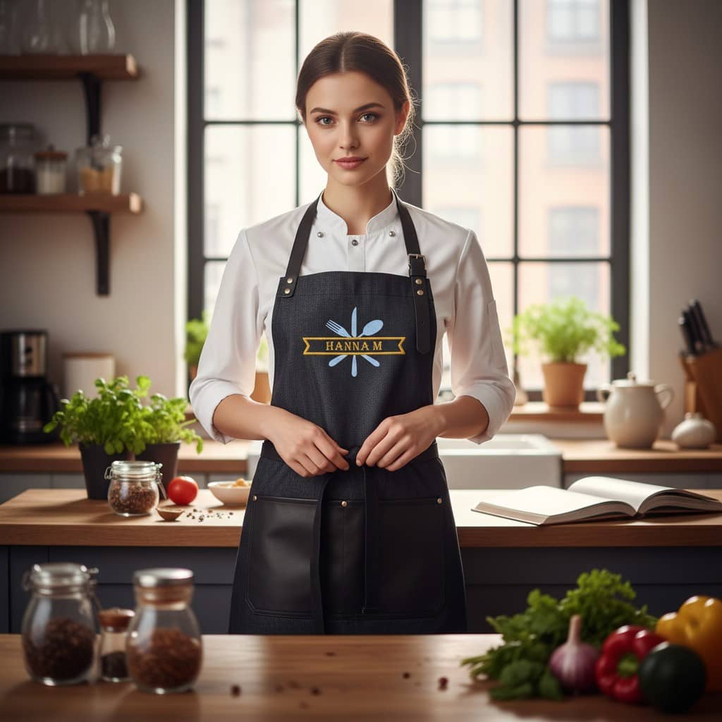 Miljöbild förkläde med personlig brodyr till kocken