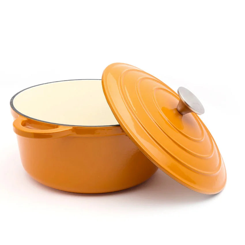 Orange gjutjärnsgryta med emaljering