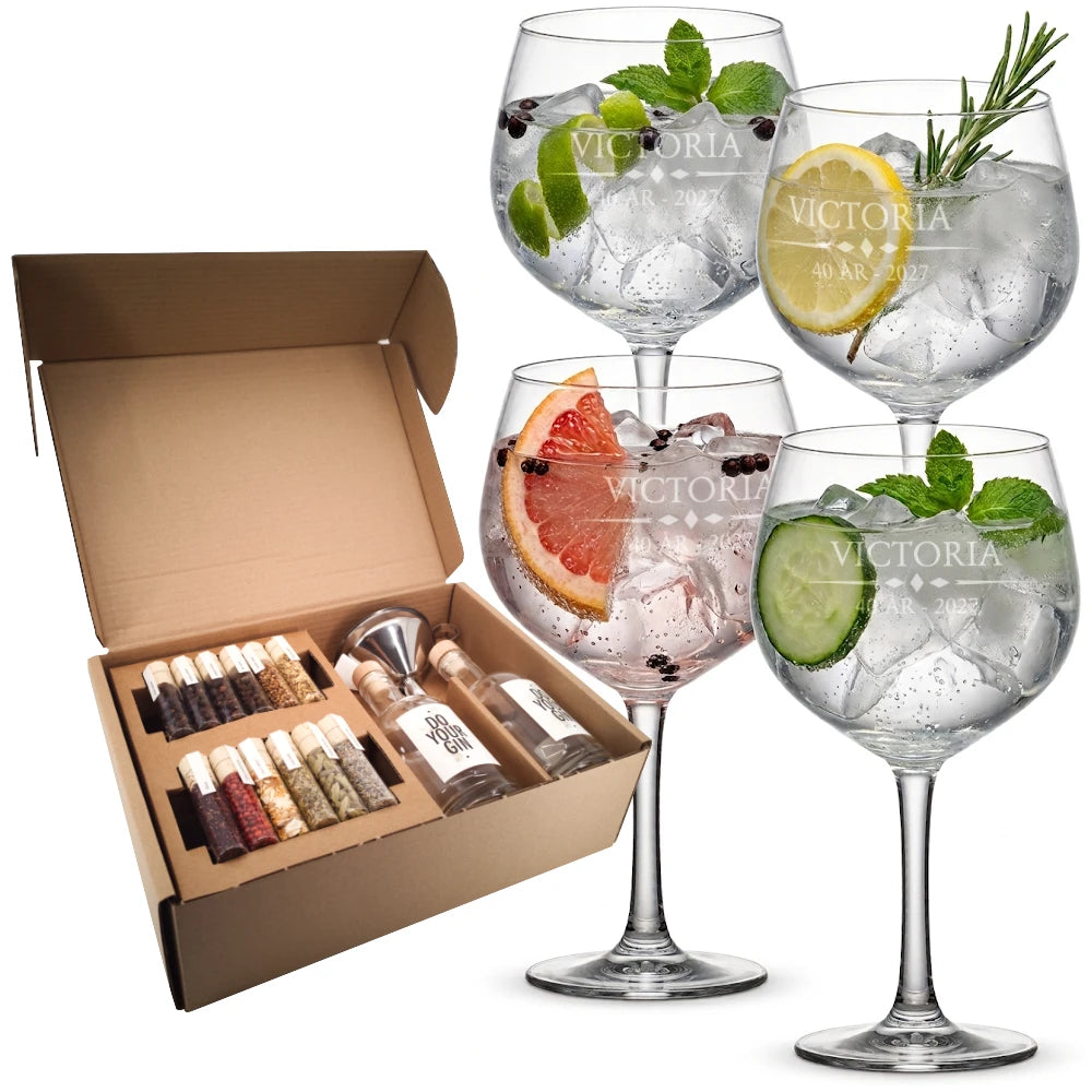 Gör din egen gin & 4 graverade ginglas, komplett ginkit