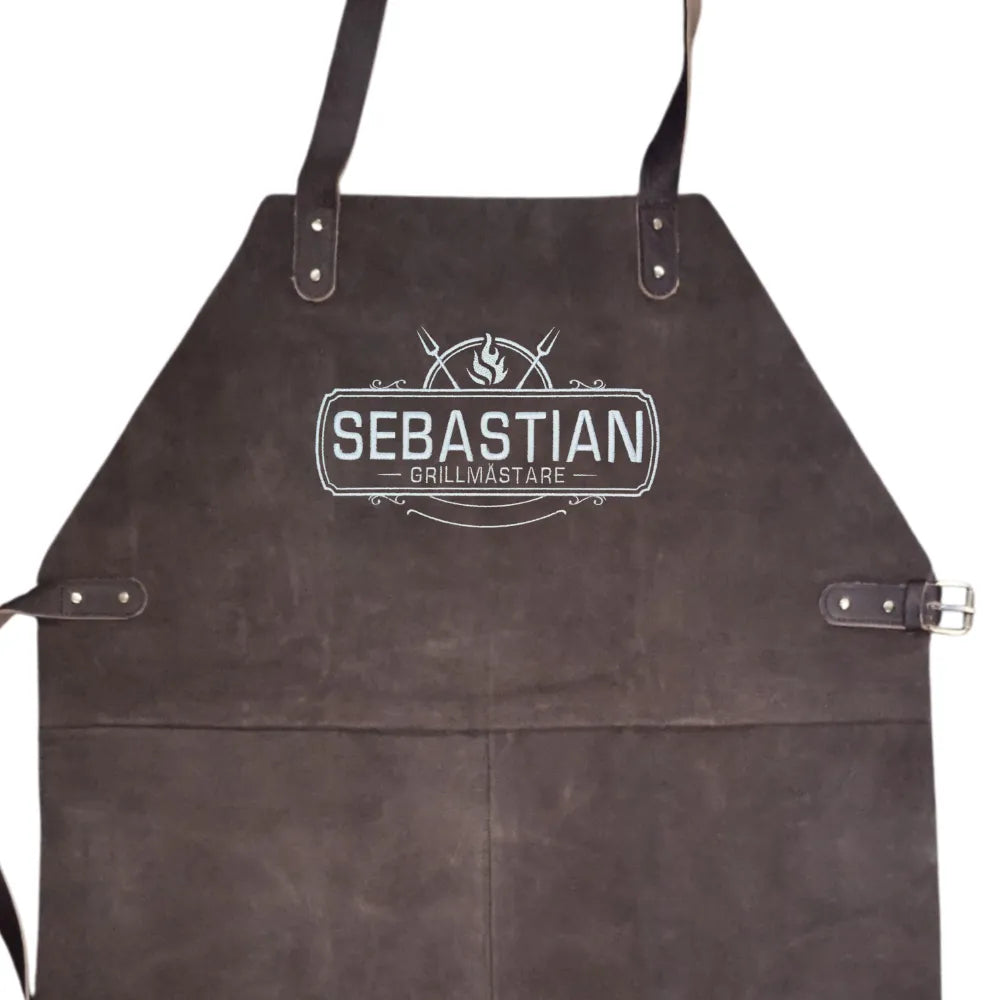 Exklusivt skinnförkläde med personlig brodyr