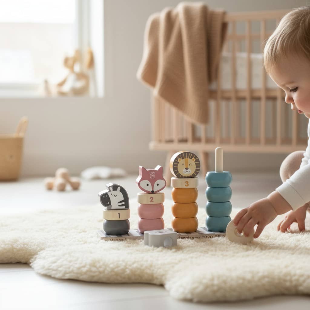 Träleksak med färgglada ringar och djurhuvuden i pastellfärger