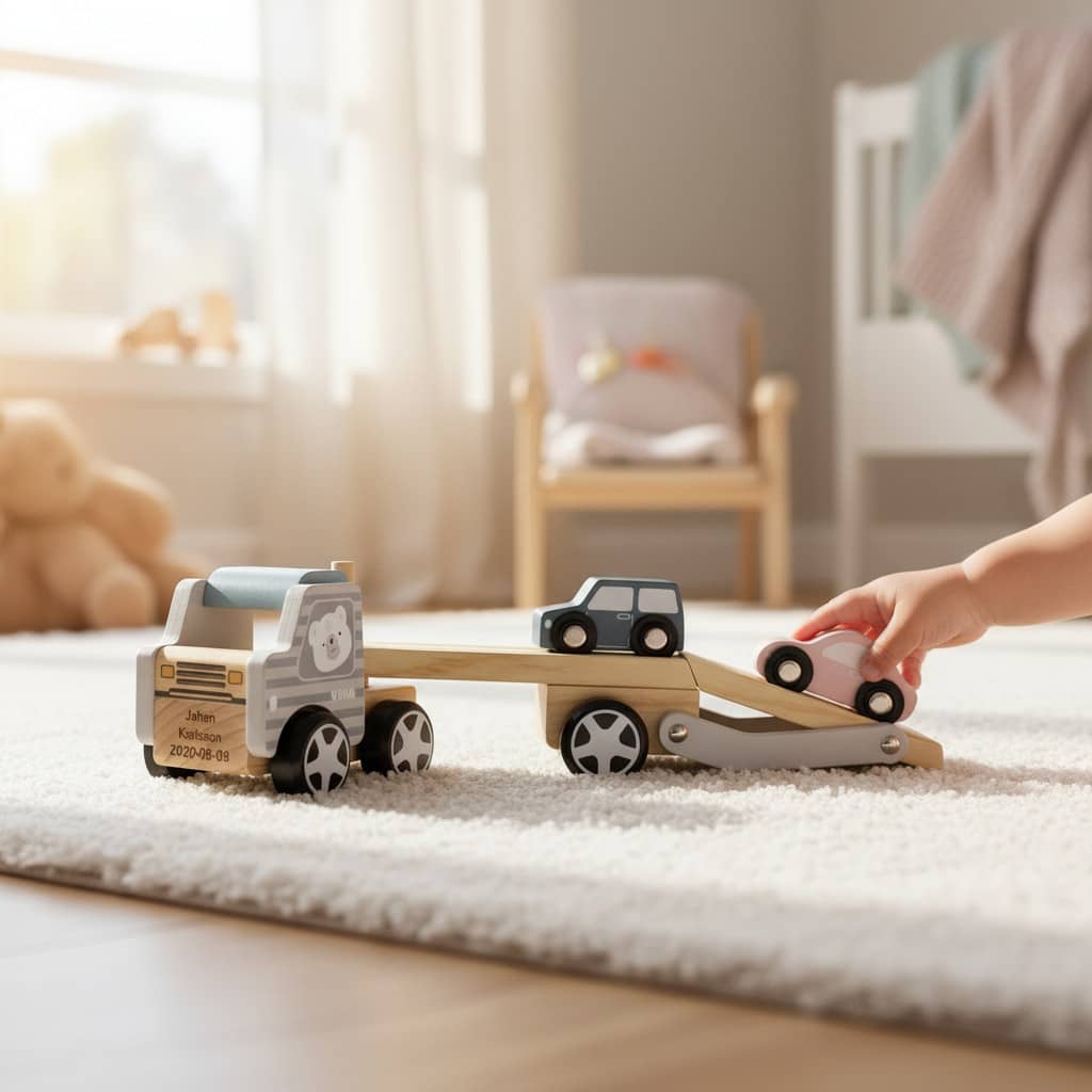 Träbiltransport med tre bilar och personlig gravyr på lastbilen