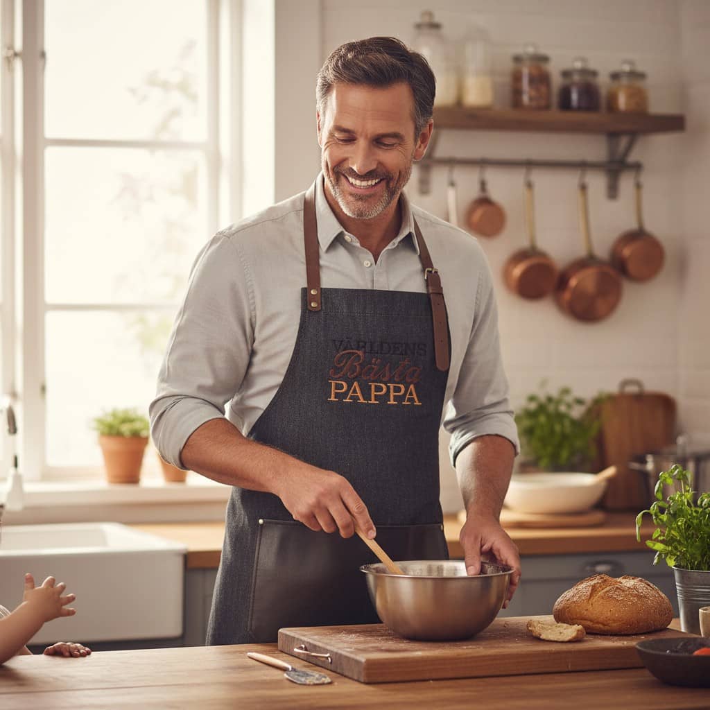 Miljöbild som föreställer förkläde med personlig brodyr till världens bästa pappa