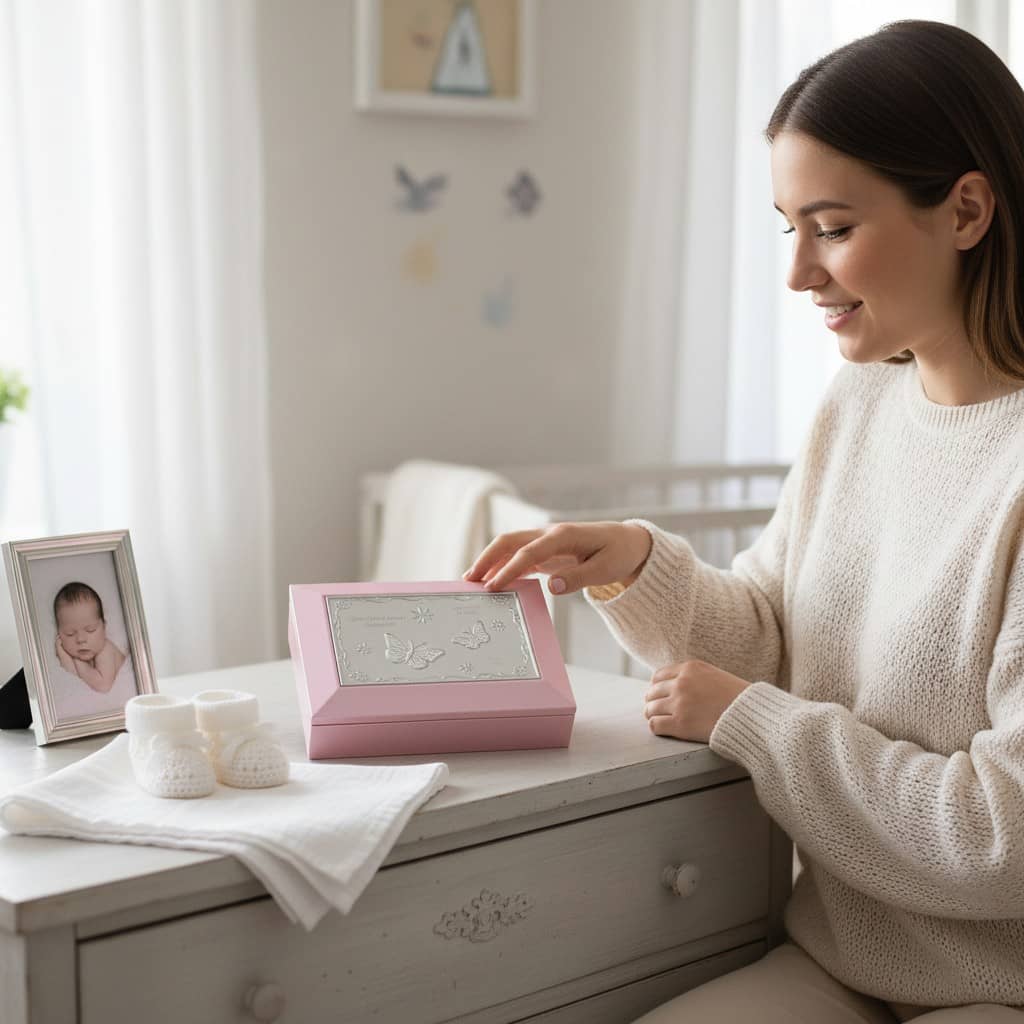 Smyckeskrin och speldosa med gravyr