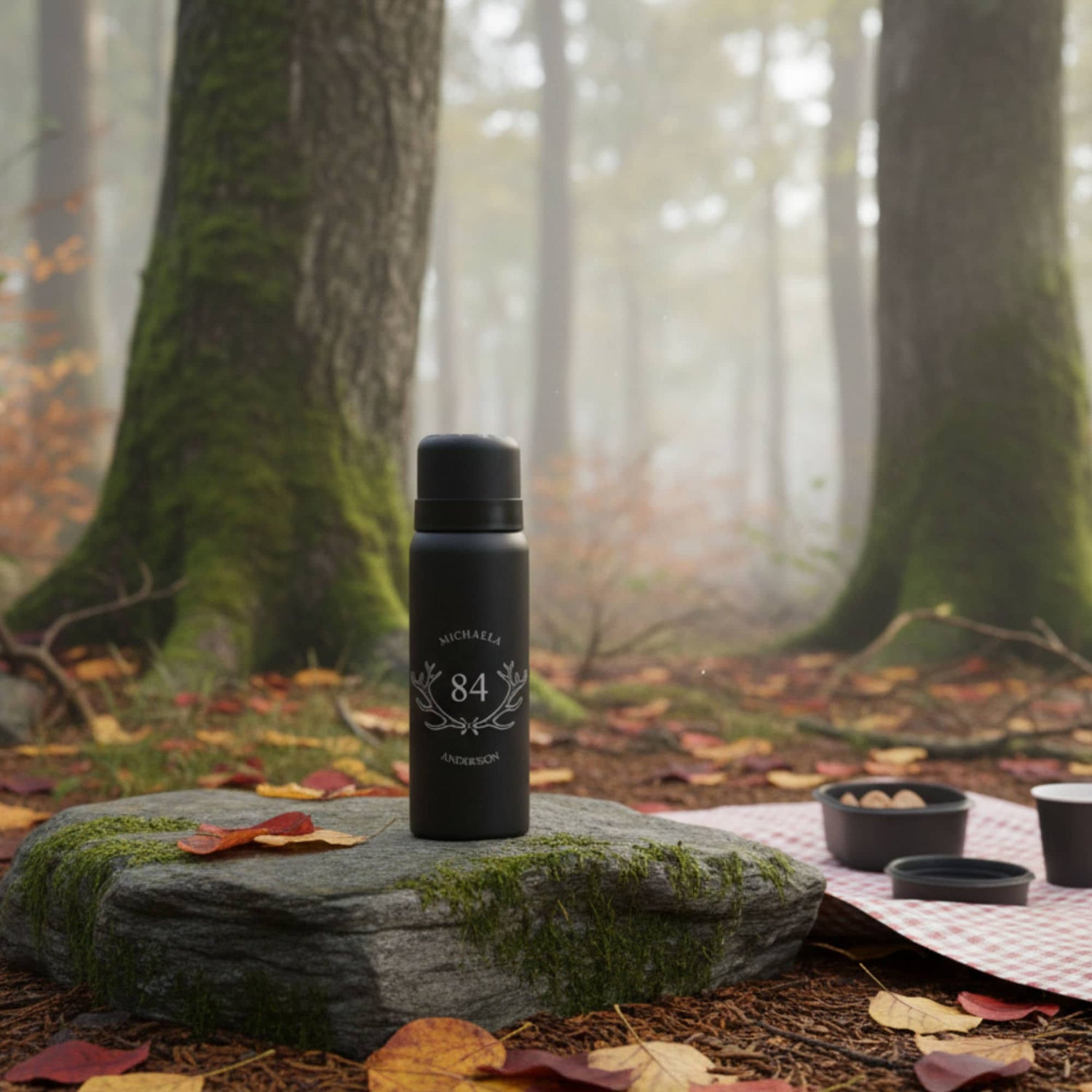 Miljöbild på termos med jaktmotiv med gravyr