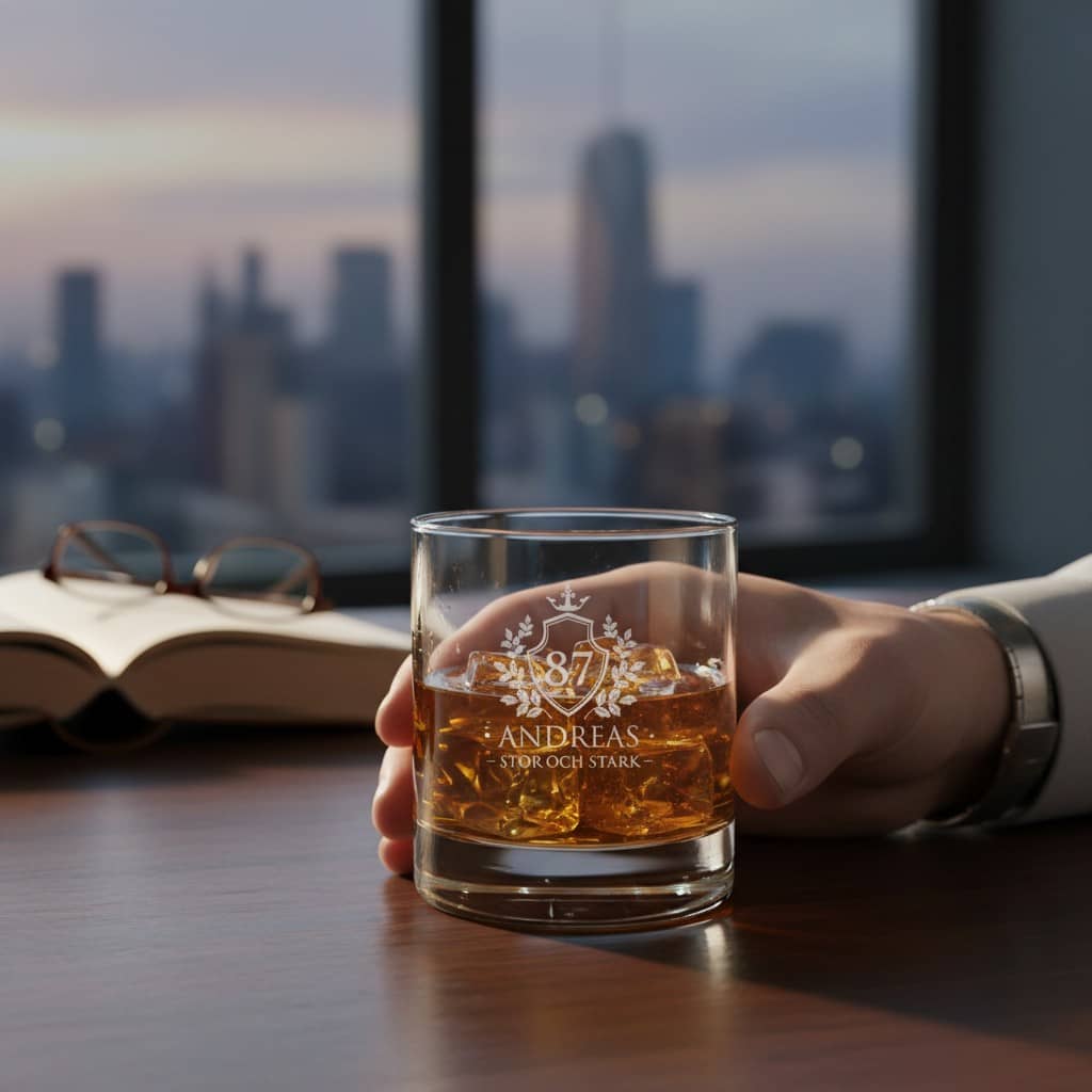 Whiskyglas med sköldmotiv och personlig gravyr