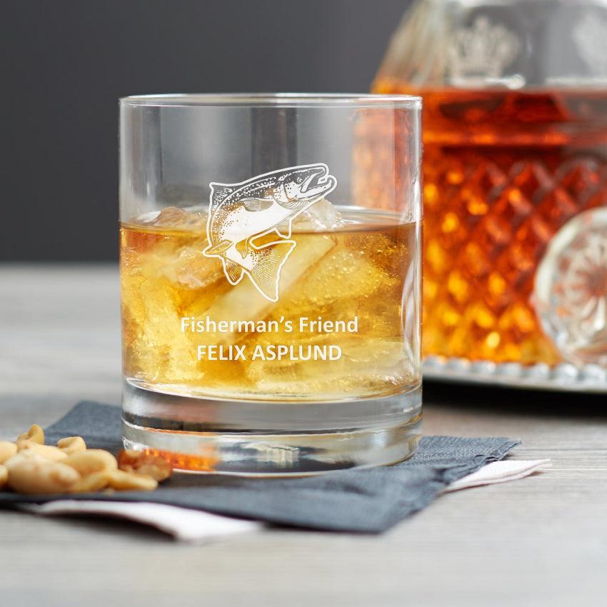 whiskyglas med lax motiv och egen text